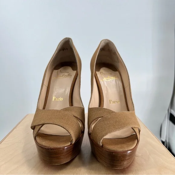 Christian Louboutin open toe, leather canvas wood wedge platform - Main Image